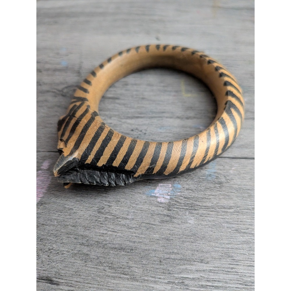 Hand Carved Wooden Zebra Bangle Bracelet Animal Head Safari Boho Jewelry